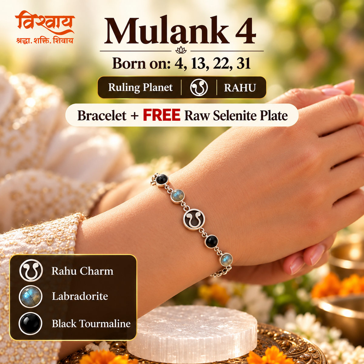 Mulank 4 Rahu Crystal Bracelet with FREE Raw Selenite Plate