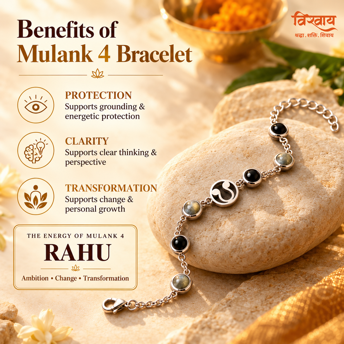 Mulank 4 Rahu Crystal Bracelet with FREE Raw Selenite Plate
