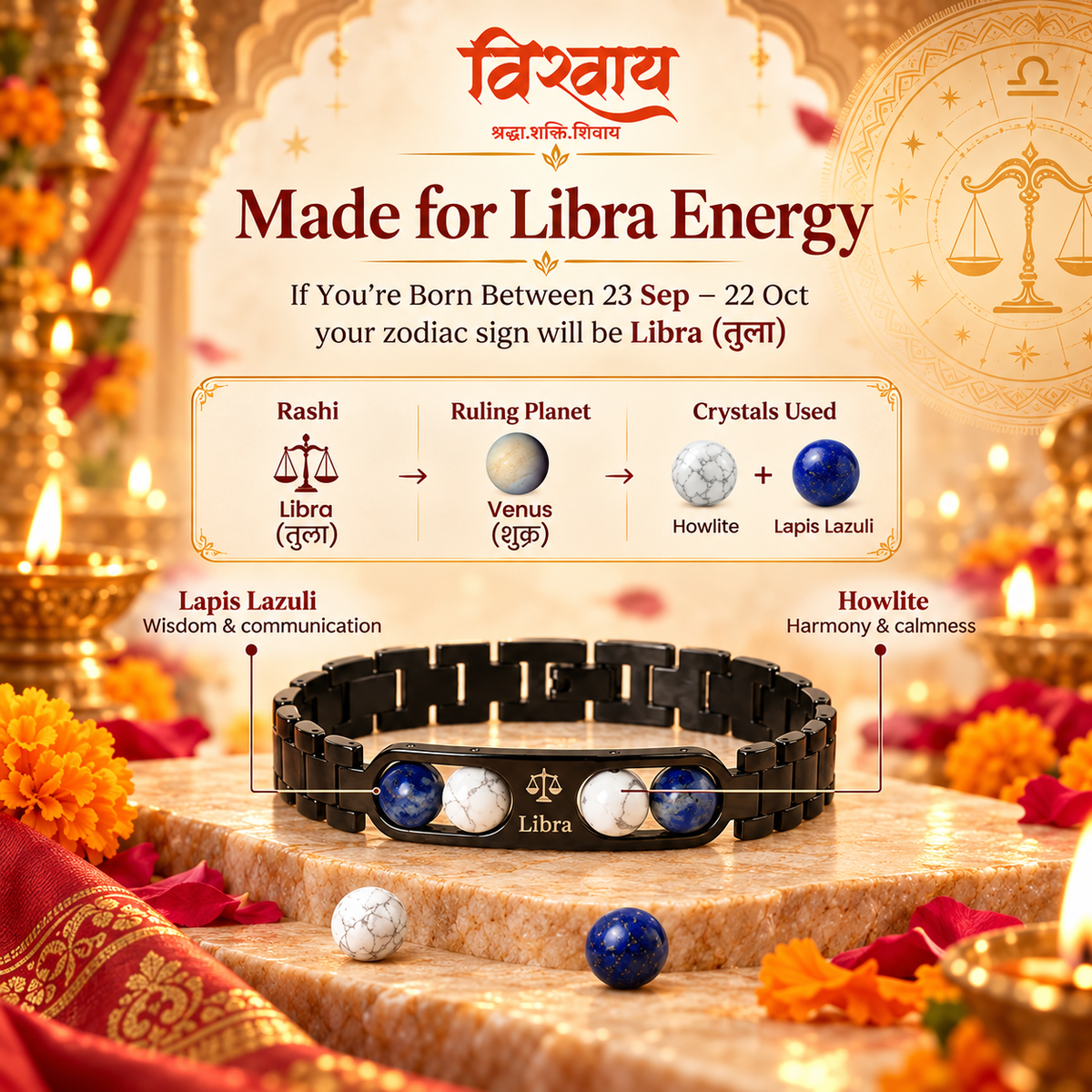 Libra Zodiac Metal Bracelet with Free Raw Selenite Plate