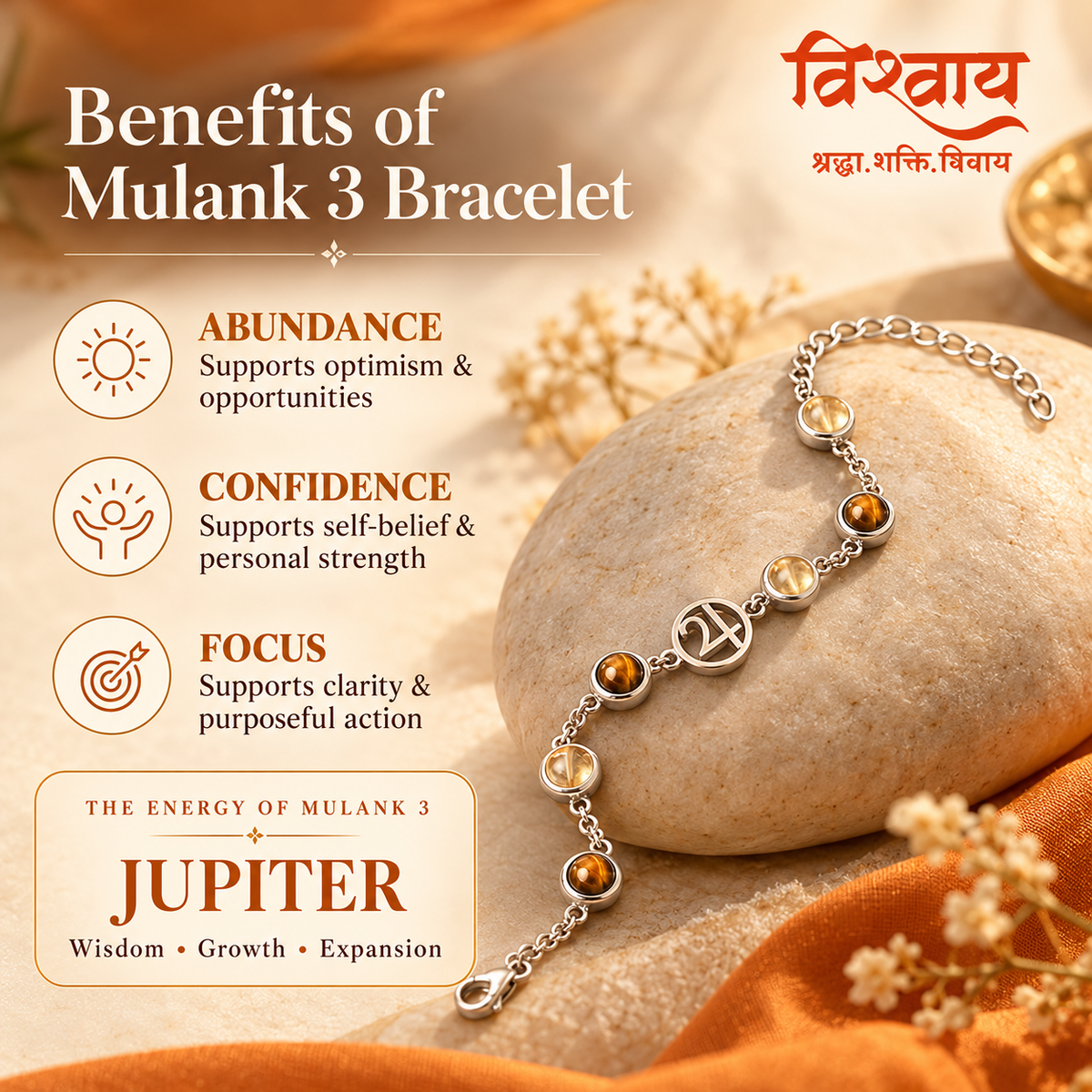 Mulank 3 Jupiter Crystal Bracelet with FREE Raw Selenite Plate