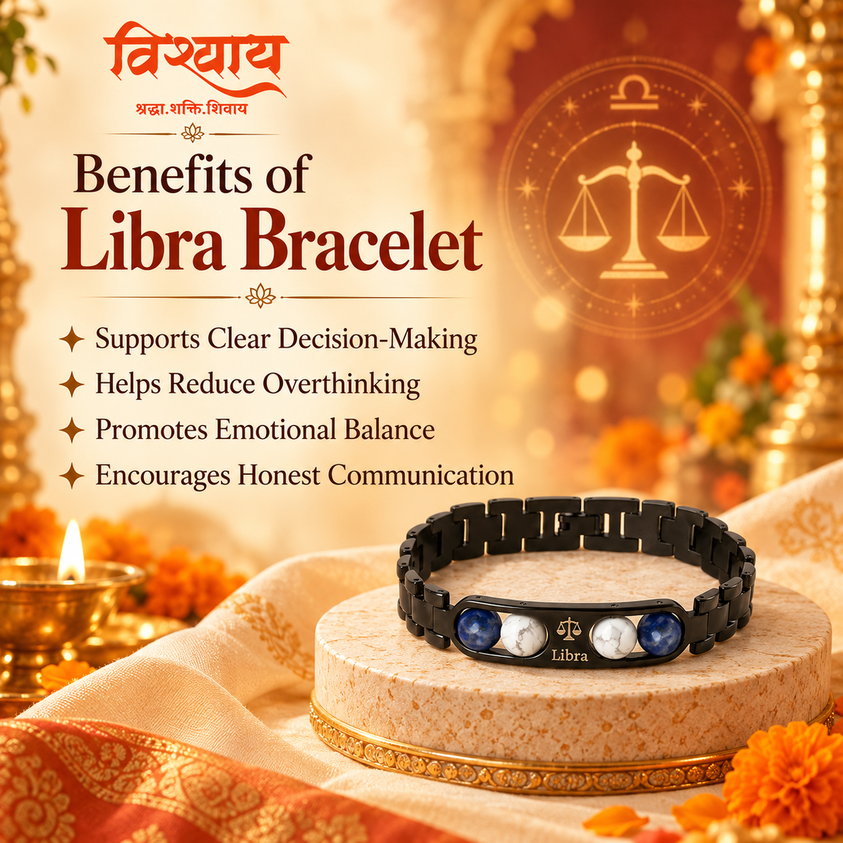 Libra Zodiac Metal Bracelet with Free Raw Selenite Plate