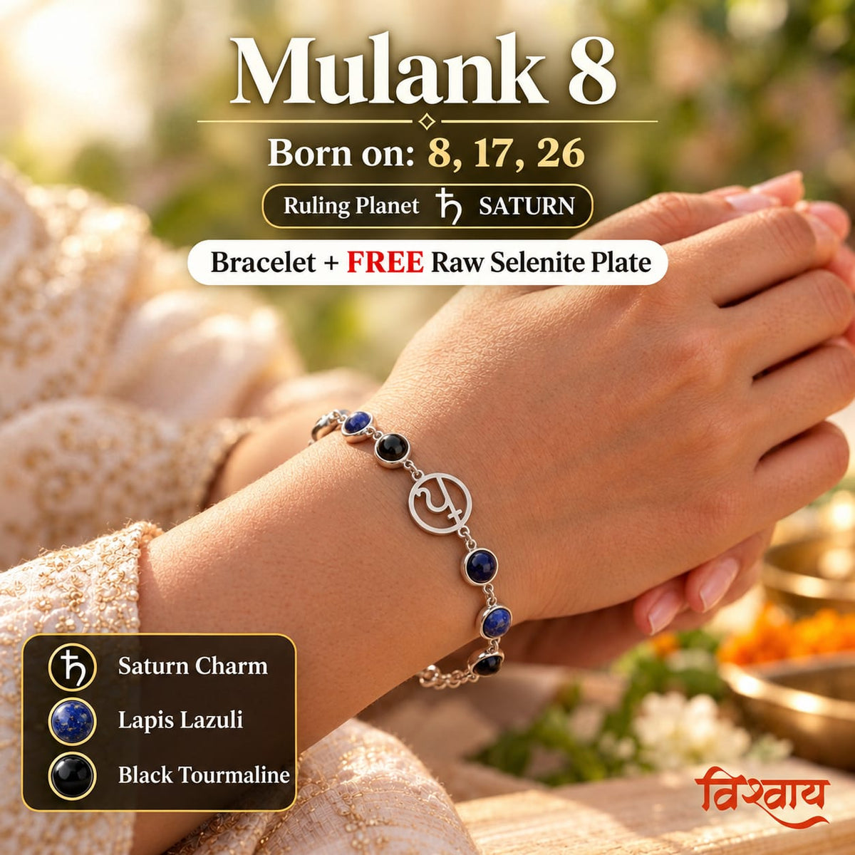Mulank 8 Shani Crystal Bracelet with FREE Raw Selenite Plate