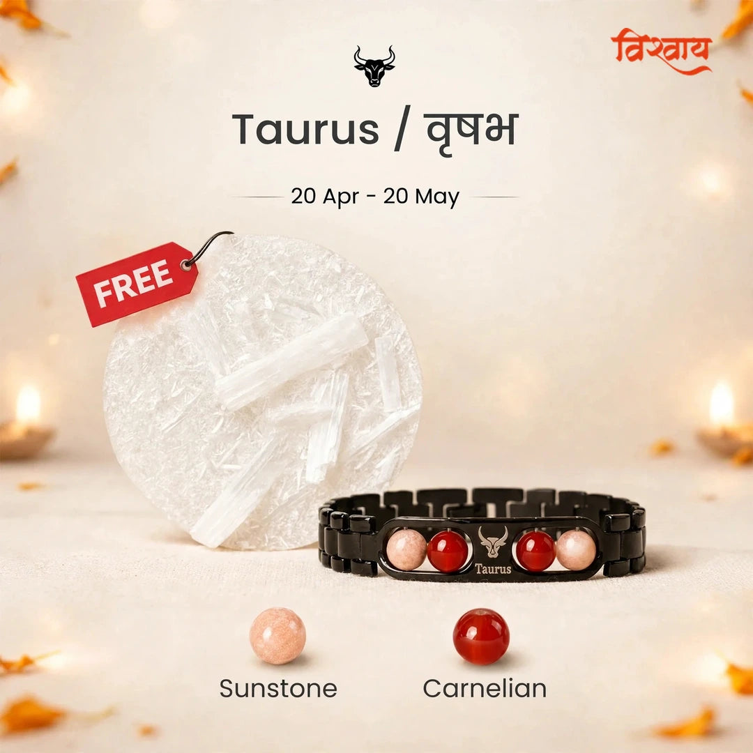 Taurus Zodiac Metal Bracelet with Free Raw Selenite Plate
