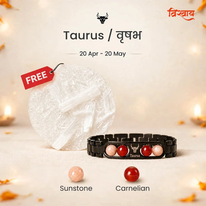 Taurus Zodiac Metal Bracelet with Free Raw Selenite Plate
