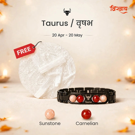 Taurus Zodiac Metal Bracelet with Free Raw Selenite Plate