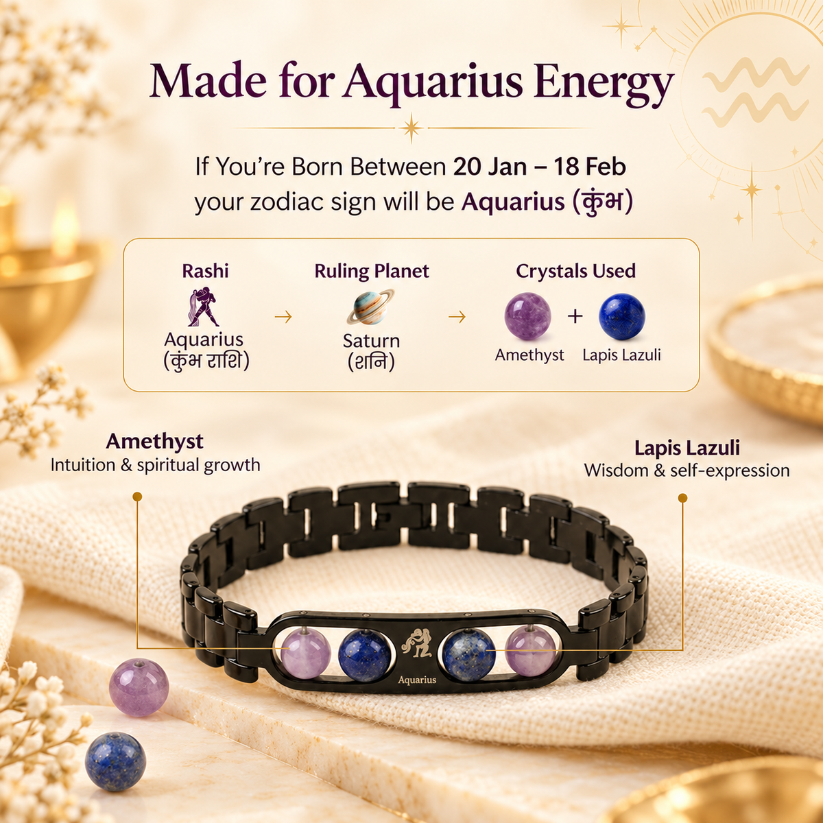 Aquarius Zodiac Metal Bracelet with Free Raw Selenite Plate