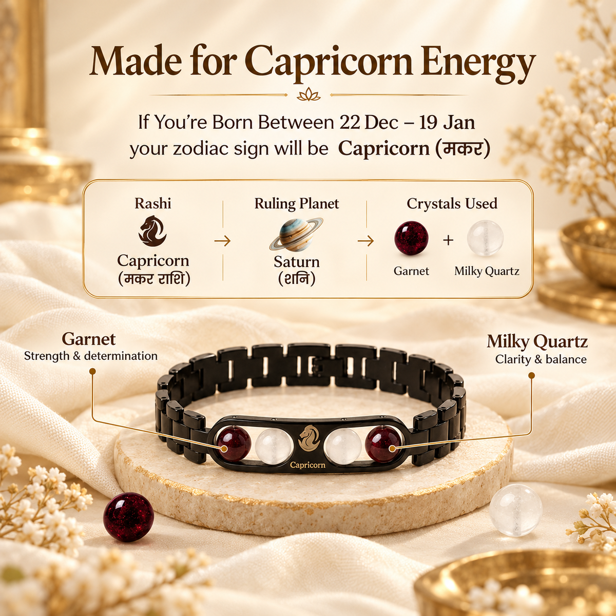 Capricorn Zodiac Metal Bracelet with Free Raw Selenite Plate