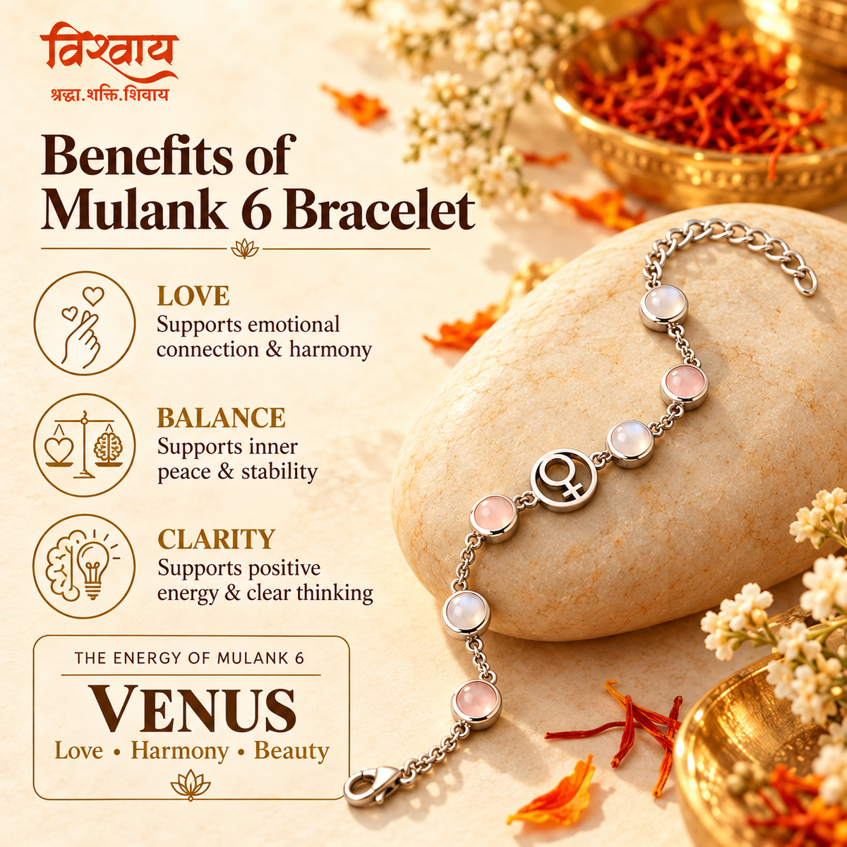 Mulank 6 Shukra Crystal Bracelet with FREE Raw Selenite Plate