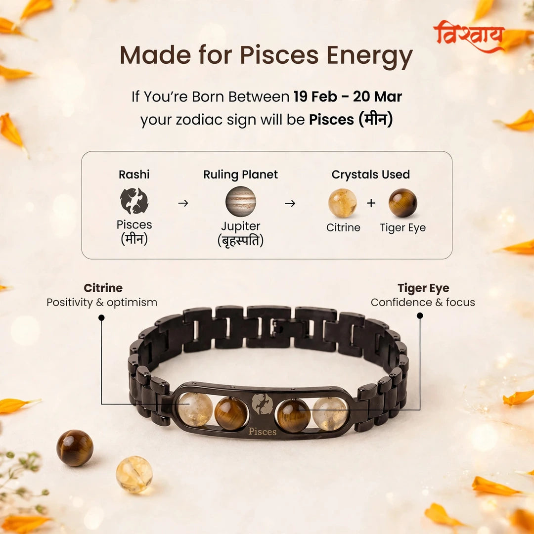 Pisces Zodiac Metal Bracelet with Free Raw Selenite Plate