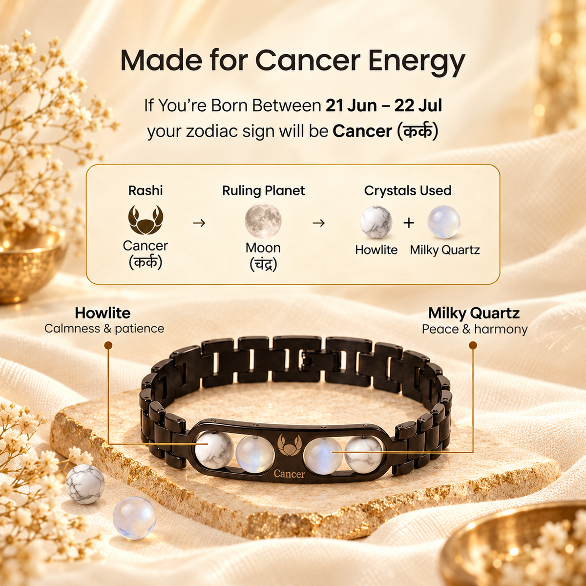 Cancer Zodiac Metal Bracelet with Free Raw Selenite Plate