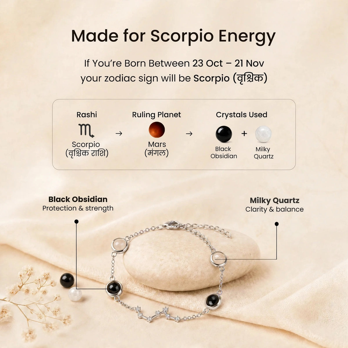 Scorpio Zodiac Constellation Bracelet for Women with Free Selenite Plate — Inspired by the Scorpio Constellation, Crafted for Scorpio Energy
