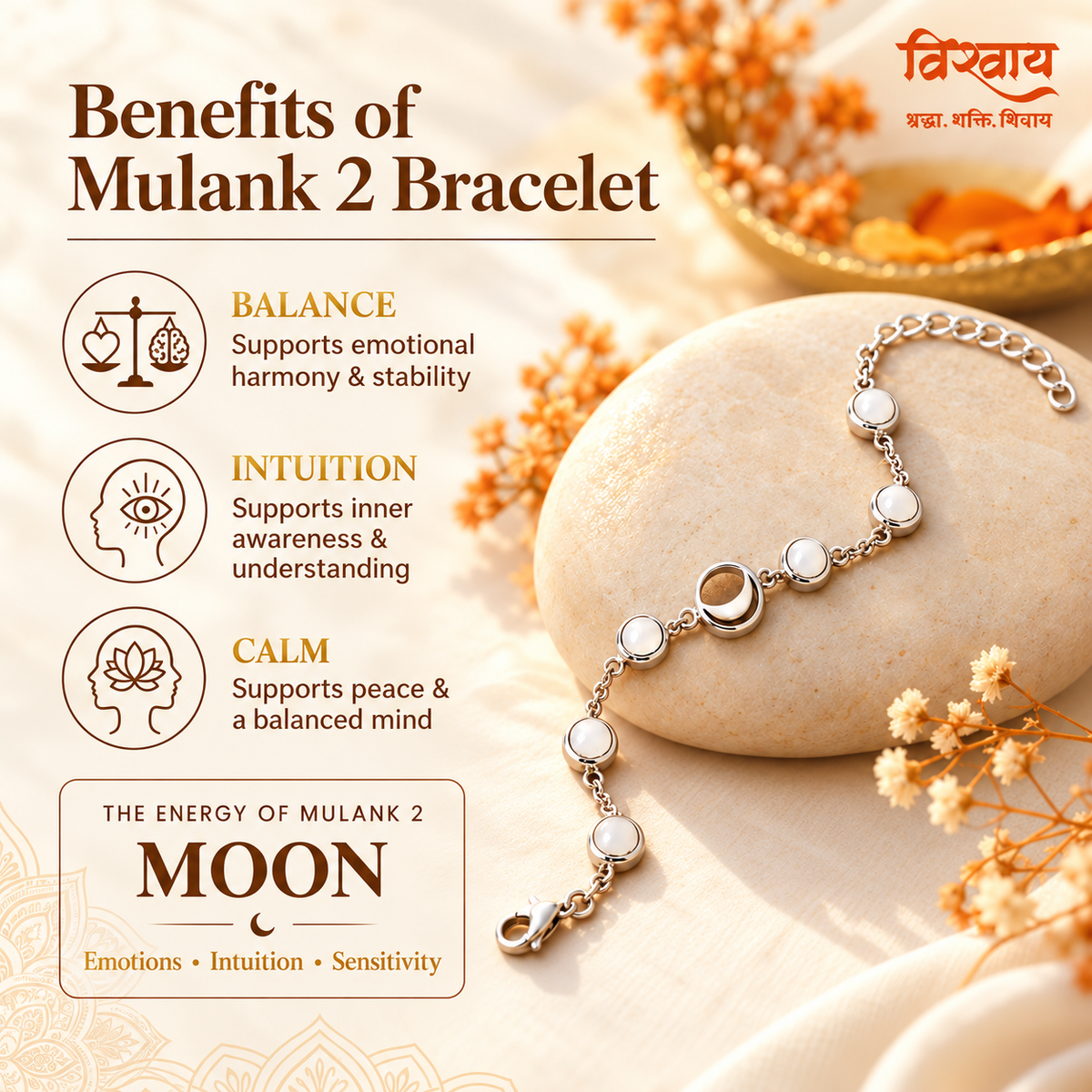 Mulank 2 Moon Crystal Bracelet with FREE Raw Selenite Plate