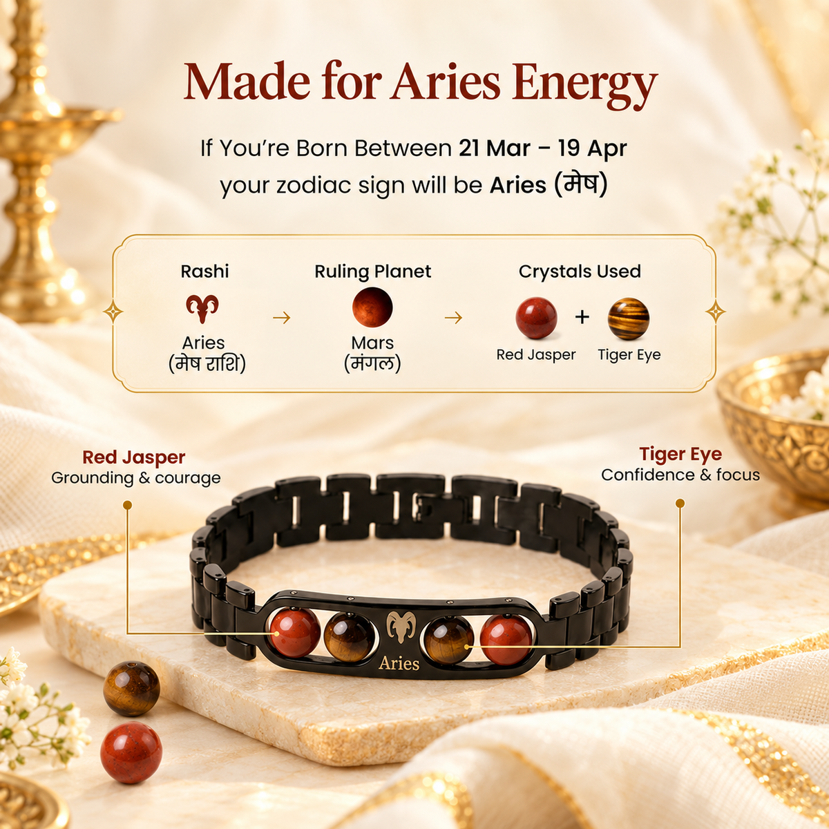 Aries Zodiac Metal Bracelet with Free Raw Selenite Plate