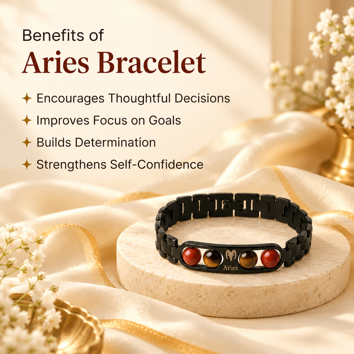 Aries Zodiac Metal Bracelet with Free Raw Selenite Plate