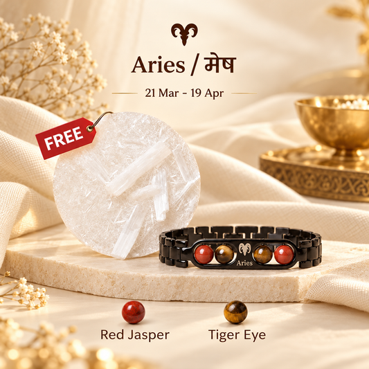 Aries Zodiac Metal Bracelet with Free Raw Selenite Plate