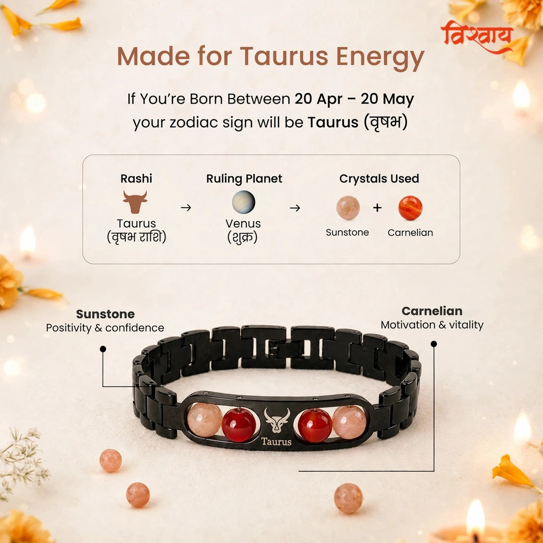 Taurus Zodiac Metal Bracelet with Free Raw Selenite Plate