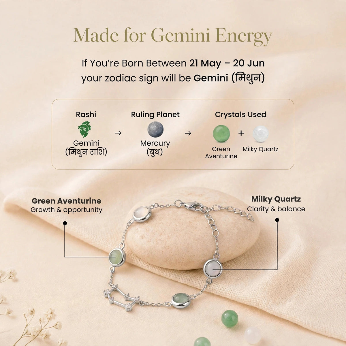 Gemini Zodiac Constellation Bracelet for Women with Free Selenite Plate — Inspired by the Gemini Constellation, Crafted for Gemini Energy