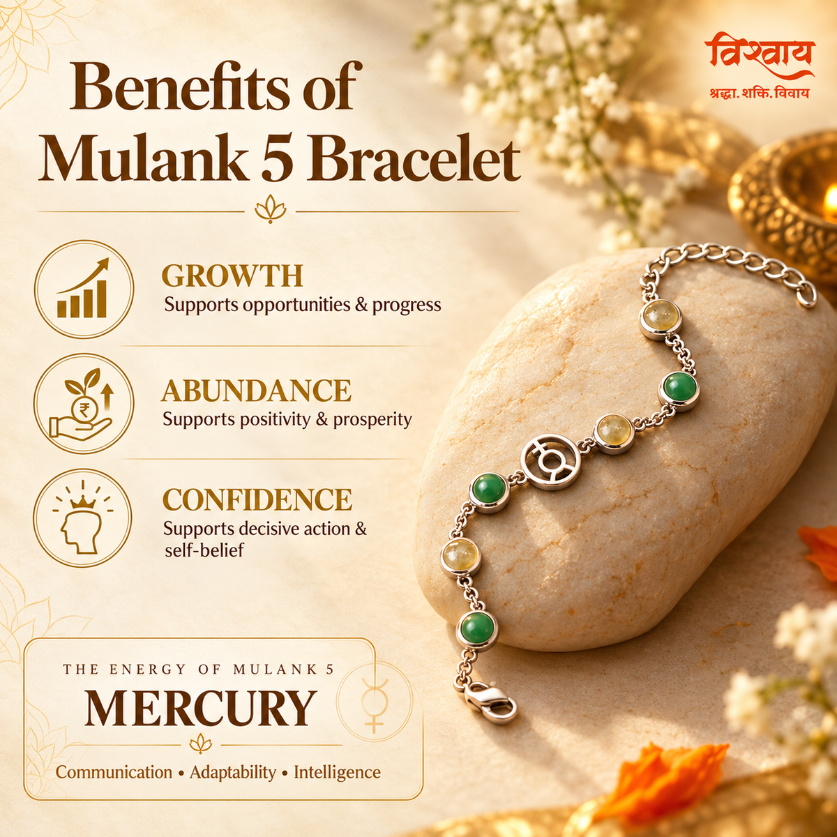 Mulank 5 Budh Crystal Bracelet with FREE Raw Selenite Plate