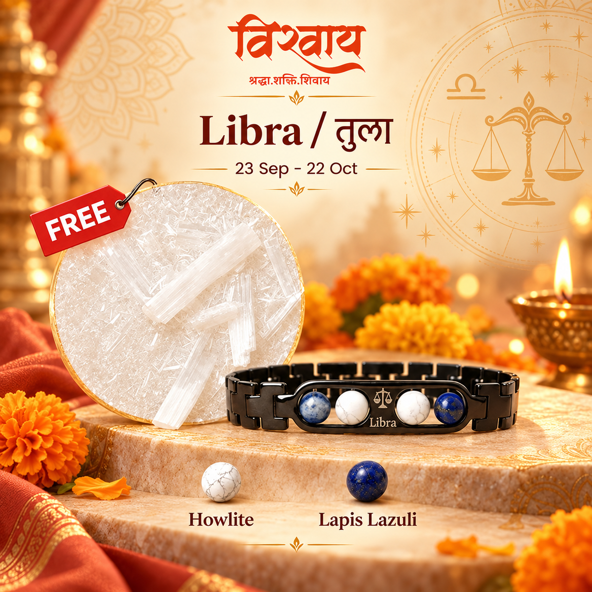 Libra Zodiac Metal Bracelet with Free Raw Selenite Plate