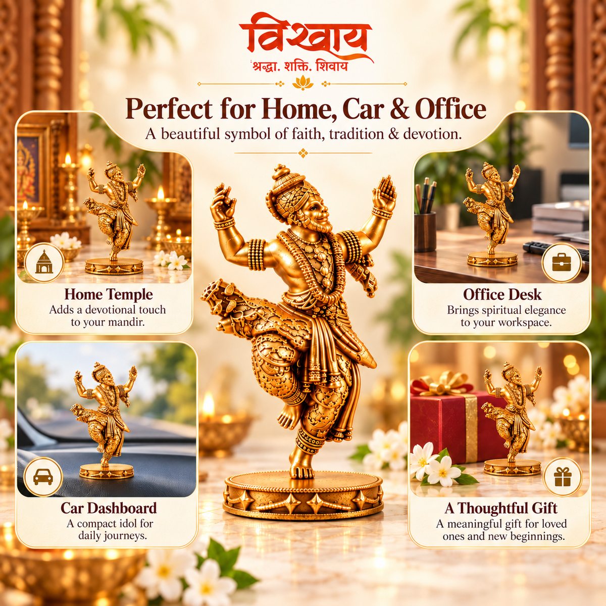 Gold Plated Divya Nritya Hanuman Murti for Home, Car & Office