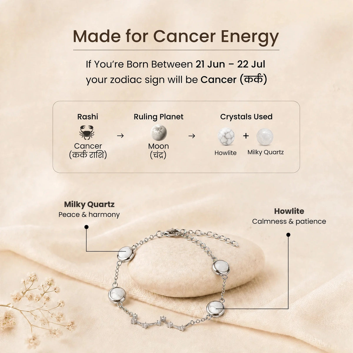 Cancer Zodiac Constellation Bracelet for Women with Free Selenite Plate — Inspired by the Cancer Constellation, Crafted for Cancer Energy