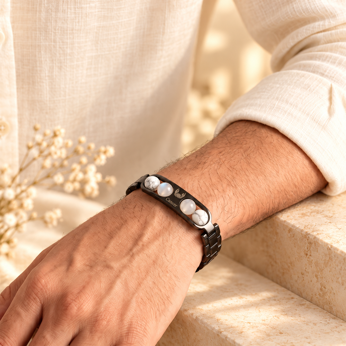 Cancer Zodiac Metal Bracelet with Free Raw Selenite Plate