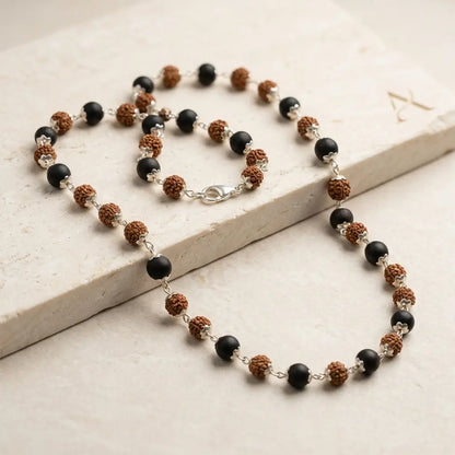 Silver Plated Rudraksha & Karungali Mala | Double Spiritual Power