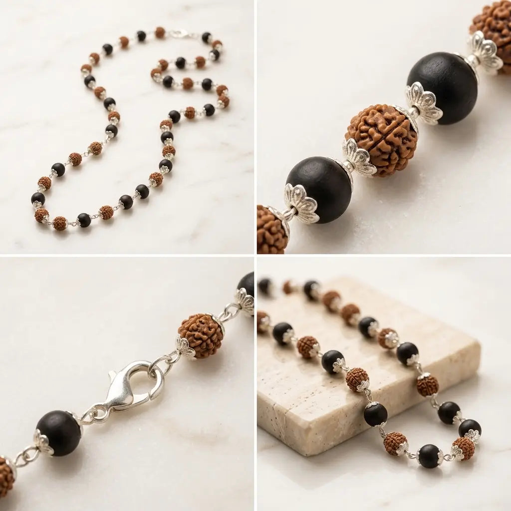 Silver Plated Rudraksha & Karungali Mala | Double Spiritual Power