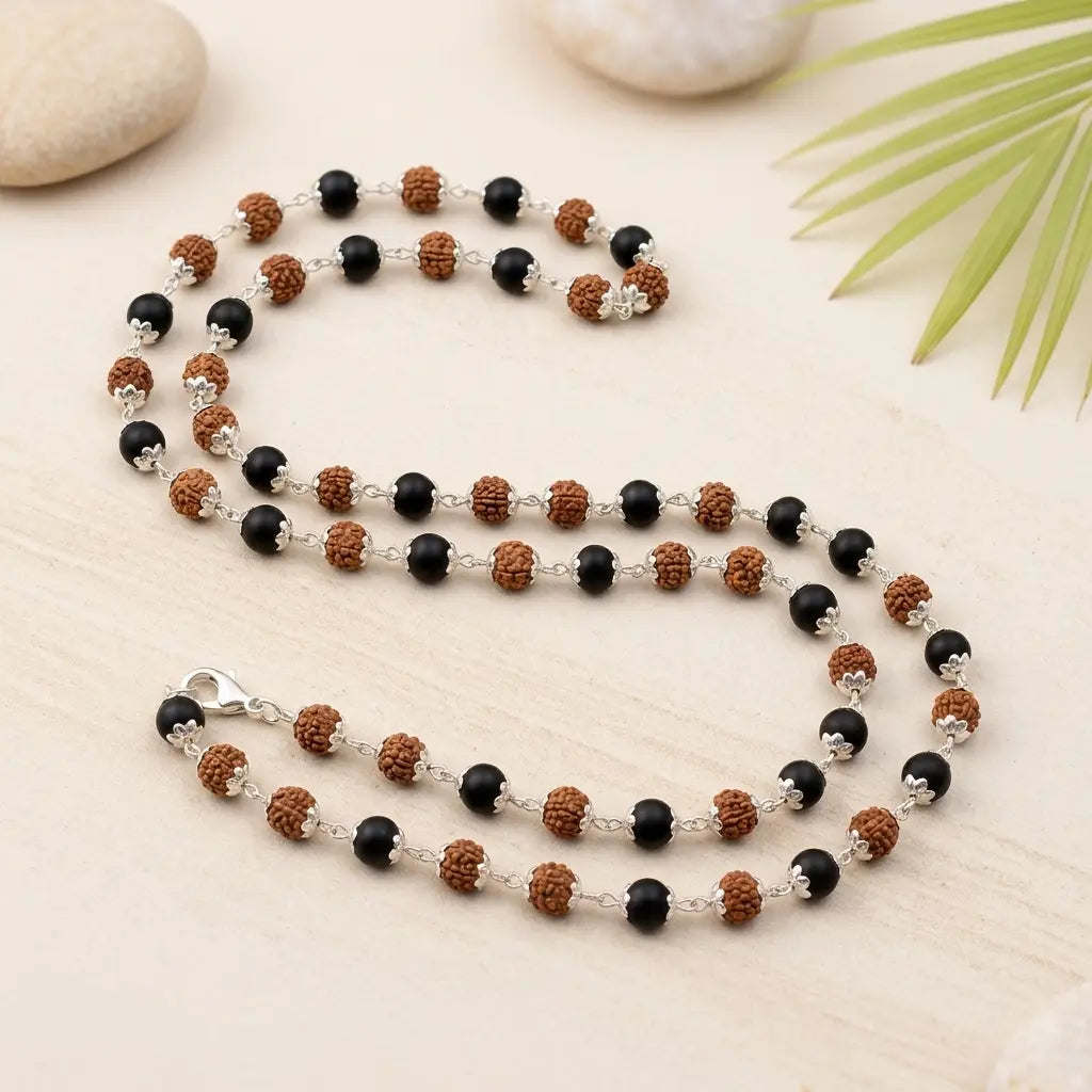 Silver Plated Rudraksha & Karungali Mala | Double Spiritual Power