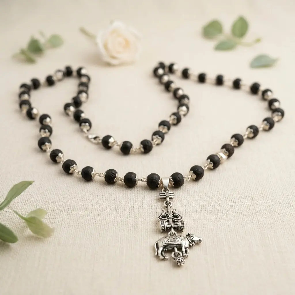 Silver Cap Karungali Mala with Shiv Nandi Pendant | Mahadev & Power