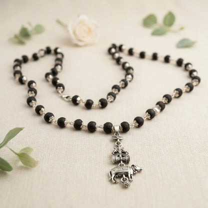 Silver Cap Karungali Mala with Shiv Nandi Pendant | Mahadev & Power