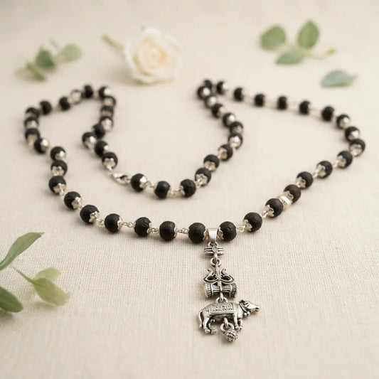 Silver Cap Karungali Mala with Shiv Nandi Pendant | Mahadev & Power