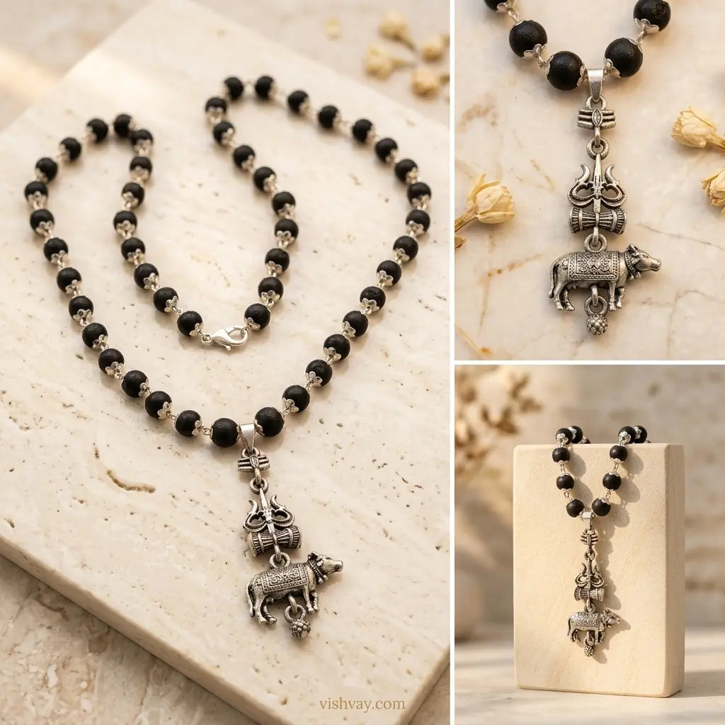 Silver Cap Karungali Mala with Shiv Nandi Pendant | Mahadev & Power