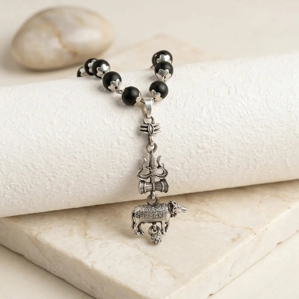 Silver Cap Karungali Mala with Shiv Nandi Pendant | Mahadev & Power
