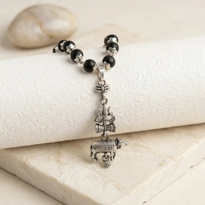 Silver Cap Karungali Mala with Shiv Nandi Pendant | Mahadev & Power