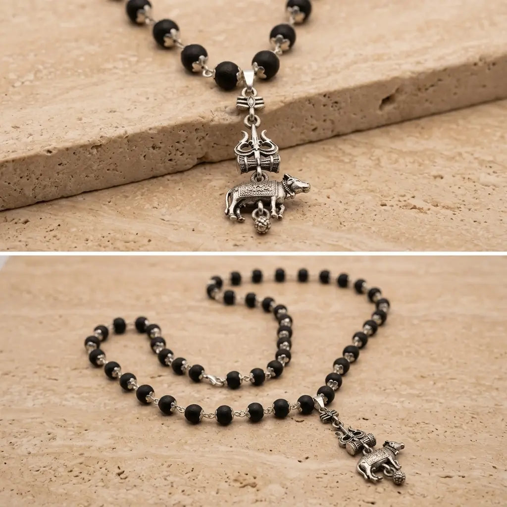 Silver Cap Karungali Mala with Shiv Nandi Pendant | Mahadev & Power