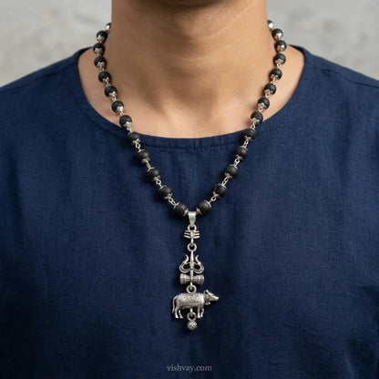 Silver Cap Karungali Mala with Shiv Nandi Pendant | Mahadev & Power